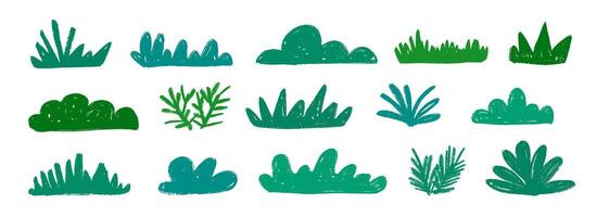 Hand drawn bushes and grass set. Green crayon shrubbery collection. Doodled shrub and tree shapes bundle. Pencil sketched foliage elements. Scribbled cartoon green plants pack. vector