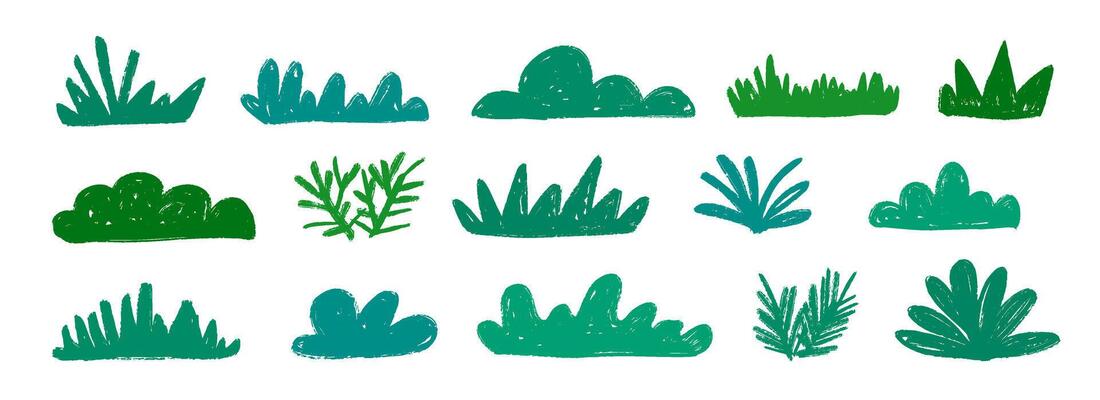 Hand drawn bushes and grass set. Green crayon shrubbery collection. Doodled shrub and tree shapes bundle. Pencil sketched foliage elements. Scribbled cartoon green plants pack.
