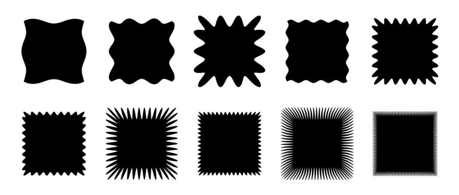 Wavy edge squared shape collection. Jagged zig zag square elements set. Black graphic design element pack for decoration, banner, poster, template, sticker, badge, label, tag, flyer.