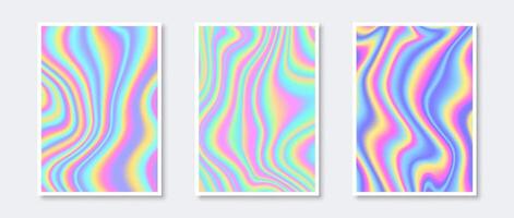Set of holographic backgrounds. Rainbow wavy gradient wallpaper collection for card, brochure, flyer, poster, banner, booklet. Foil iridescent liquid backdrop bundles. Pastel templates pack vector