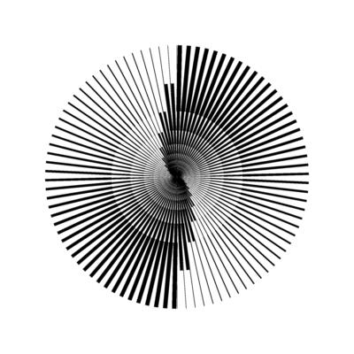 Radial abstract pattern. Black and white ray and beam lines shape. Circle spiral form. Sunburst design element for icon, badge, logo, tattoo, tag, label, emblem.