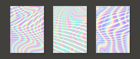 Holographic backgrounds set. Rainbow wavy gradient wallpaper collection for card, brochure, flyer, poster, banner, booklet. Iridescent liquid lines backdrop bundle. Foil pastel templates pack vector