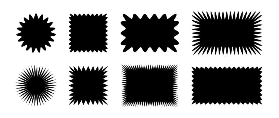 Wavy edge shape collection. Black jagged rectangle, square, circle form set. Zig zag graphic design element pack for banner, poster, sticker, badge, label, tag, flyer. Illustration bundle