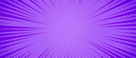 Purple radial dotted comic background. Speed lines wallpaper with pop art halftone texture. Anime cartoon rays explosion backdrop for poster, banner, print, magazine, cover. vector