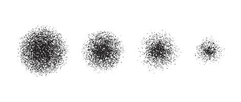 Stippled radial brush stroke set. Grain gradient collection. Grunge sprinkle spray texture. Dirty dust or sand noise round elements. Rough splashed stains spots pack. Splattered dots overlay vector