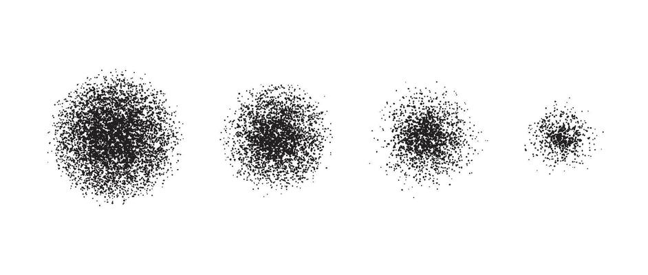 Stippled radial brush stroke set. Grain gradient collection. Grunge sprinkle spray texture. Dirty dust or sand noise round elements. Rough splashed stains spots pack. Splattered dots overlay
