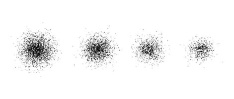 Stippled radial brush stroke set. Grain gradient collection. Grunge sprinkle spray texture. Dirty dust or sand noise round elements. Grungy splashed stains spots pack. Splattered dots overlay vector