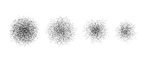 Stippled radial brush stroke set. Grain gradient circle collection. Grunge sprinkle spray texture. Dirty dust or sand noise round elements. Rough splashed stains spots pack. Splattered dots vector