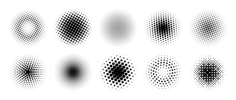 Halftone gradient circles collection. Dots textured round patterns. comic radial faded background set. Abstract pixelated elements for frame, poster, collage, banner, flyer. Cartoon bundle vector