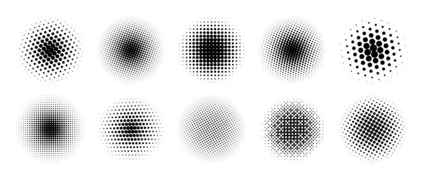 Halftone gradient circles collection. Dots textured round patterns. Cartoon comic radial faded background set. Abstract pixelated elements for frame, poster, collage, banner, flyer. vector