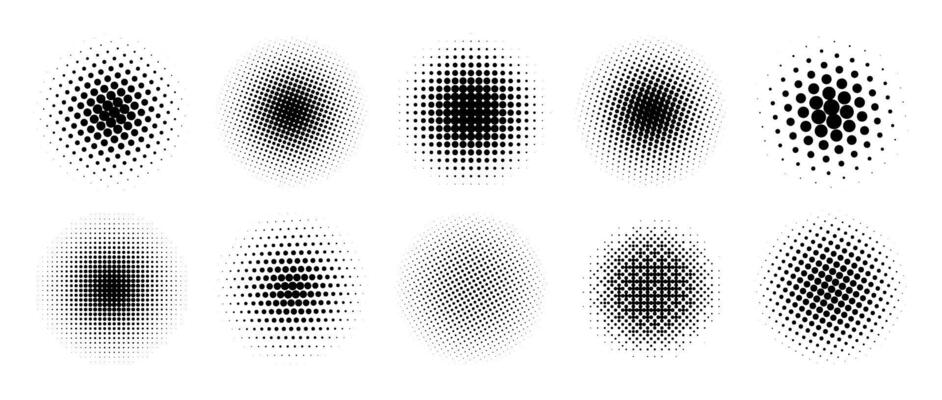 Halftone gradient circles collection. Dots textured round patterns. Cartoon comic radial faded background set. Abstract pixelated elements for frame, poster, collage, banner, flyer.
