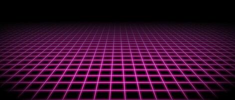Glowing pink neon wireframe horizon background. Magenta grid room floor in perspective. Bright retro futuristic wallpaper. Abstract checkered plane landscape. Game cyber surface. vector