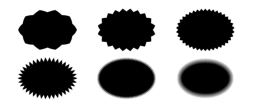 Zig zag edge ellipse shape collection. Jagged oval elements set. Black graphic design elements for decoration, banner, poster, template, sticker, badge, label, tag, emblem. vector