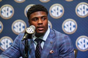 Georgia Bulldogs line backer CJ Allen answers questions from the media during SEC Media Days at Omni Atlanta Hotel. editorial_image