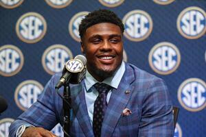 Georgia Bulldogs line backer CJ Allen answers questions from the media during SEC Media Days at Omni Atlanta Hotel. editorial_image