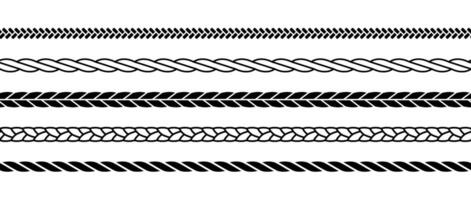 Repeating ropes set. Seamless hemp cord lines collection. Black outline chain, braid, plait stripes bundle. Horizontal decorative plait pattern. Twine design elements for banner, poster, frame vector