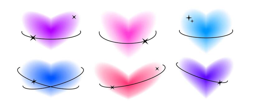 Y2k hearts with eclipse line elements set. Trendy blurry aura shape collection. Blurred smooth gradient with oval orbits for logo, template, badge, sticker, collage, icon. Sparkle heart pack vector