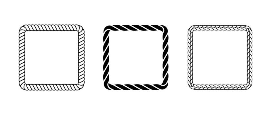 Rope frame set. Squared cord border collection. Rectangular rope loop pack. Chain, braid or plait border bundle. Square design elements for decoration, banner, poster. Decoration frames