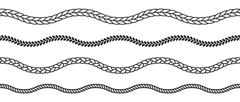 Set of rope waves. Repeating hemp cord stripes collection. Waving chain, braid, plait bundle. Seamless decorative plait pattern. Marine twine design elements for banner, poster, frame, border vector