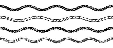 Set of rope waves. Repeating hemp cord stripes collection. Wavy chain, braid, plait bundle. Seamless decorative plait pattern. Marine twine design elements for banner, poster, frame, border vector