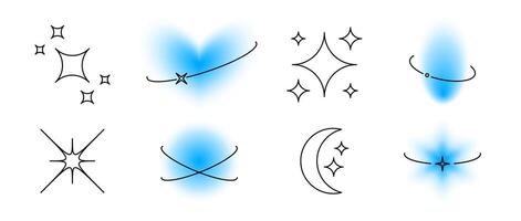 Y2k elements with eclipse lines set. Blurry aura shape and linear elements collection. Blurred smooth gradient with oval orbits for logo, template, badge, sticker, collage, icon. Sparkles pack vector