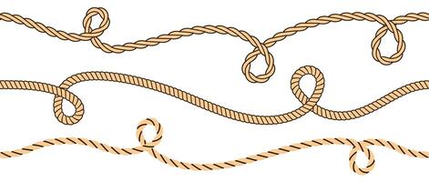 Wave rope curve set. Repeating hemp cord stripes collection. Wavy loop tie braid bundle. Seamless brown plait pattern. Marine twine design elements for banner, poster, frame, border vector