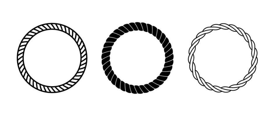 Rope frame set. Round cord border collection. Circle rope wreath loop pack. Chain, braid or plait border bundle. Circular design elements for decoration, banner, poster. Decoration frames