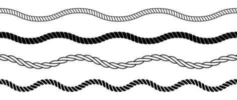 Wave rope set. Repeating hemp cord line collection. Waving chain, braid, plait stripe bundle. Seamless decorative plait pattern. Marine twine design elements for banner, poster, frame vector
