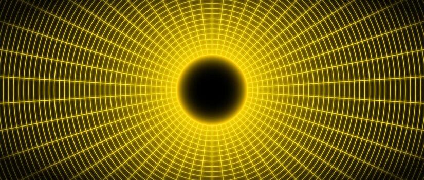 Yellow glowing wireframe tunnel. Neon gold wormhole in dark space. Grid tunnel in perspective. Funnel or portal illusion. Circular mesh structure tube. Optical illusion art vector