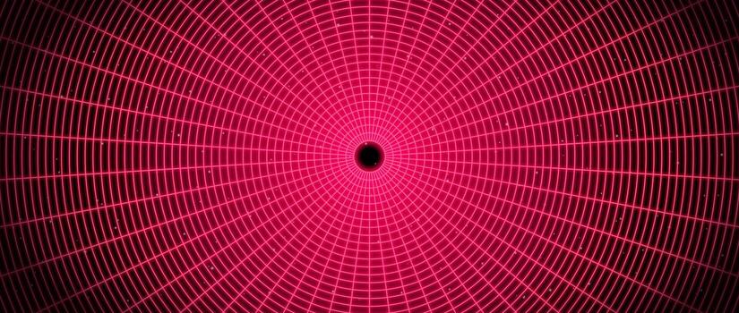 Red glowing wireframe tunnel. Neon wormhole in dark space. Grid tunnel in perspective. Funnel or portal illusion. Circular mesh structure tube. Optical illusion art vector