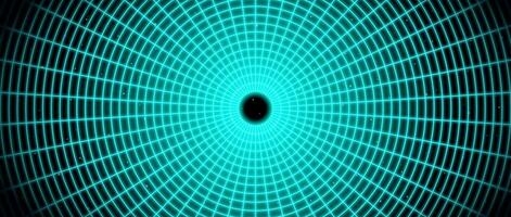 Neon blue glowing wireframe tunnel. Turquoise wormhole in deep space with stars. Grid tunnel in perspective. Funnel or portal illusion. Circular mesh structure tube. Optical art illustration vector