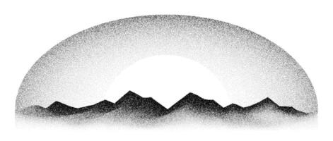 Grain stippled mountain range. Dotted landscape terrain silhouette. Black white grainy hill chain. Grunge noise textured background. Pointillism texture wallpaper. Dot work style illustration vector