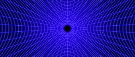 Dark blue glowing wireframe tunnel. Neon wormhole in deep space with stars. Grid tunnel in perspective. Funnel or portal illusion. Circular mesh structure tube. Optical illusion illustration vector