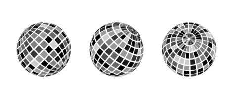 Black disco ball set. Collection of shining spheres in different angles. Turning music globe or planet bundle. Mirror ball element pack for poster, banner, music cover, party. vector