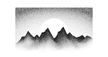 Grain stippled mountain range. Dotted landscape terrain silhouette. Black white grainy hill chain. Grunge noise stochastic background. Pointillism textured wallpaper. Dotwork style illustration vector