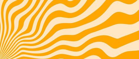 Orange trippy burst lines background. Psychedelic wavy stripes wallpaper. Groovy twisted sunburst swirl. Distorted curly wave texture design for poster, banner, flyer, cover. vector