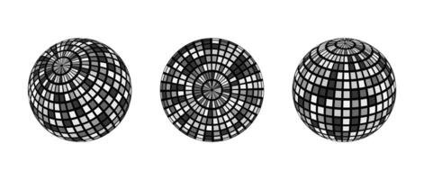 Black and grey disco ball set. Collection of shining spheres in different angles. Turning music globe or planet bundle. Mirror ball element pack for poster, banner, music cover, party, flyer. vector