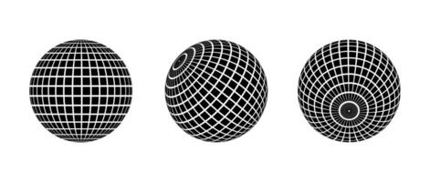 Black disco ball set. Collection of wireframe spheres in different angles. Grid globe or checkered ball bundle. Mirrorball element pack for poster, banner, music cover, party. vector