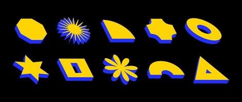 Yellow blue isometric shape set. Volumetric geometric collection. Retro 3d brutalist form pack. Vintage Y2k abstract game elements for poster, cover, banner. Bauhaus or Memphis style pack vector