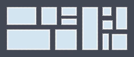Postage stamp set. Post stamp frame or border. Grey blue square and rectangular template for mail, postcard, letter. Jagged wavy edge forms. Vintage objects for poster, banner, badge, sticker. vector