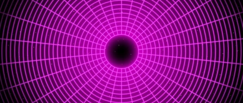 Pink glowing wireframe tunnel. Neon wormhole in dark space with stars. Magenta grid tunnel in perspective. Funnel or portal illusion. Circular mesh structure tube. Optical illusion art vector
