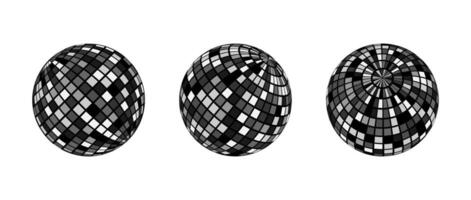 Black and grey disco ball set. Collection of shining spheres in different angles. Turning music globe or planet bundle. Mirror ball element pack for poster, banner, music cover, party. vector