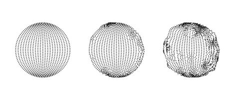 Set of dotted spheres with dissolve effect. Stippled disintegrating circle collection. Halftone texture balls with noise dotwork grain. Radial grunge particles. Dot sphere element bundle. vector