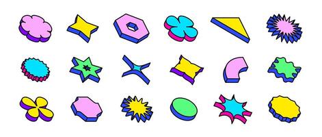Bright neon isometric shape set. Colorful outline abstract geometric object collection. Retro brutalist pack in Swiss or Memphis style. Vintage game elements for poster, banner. vector