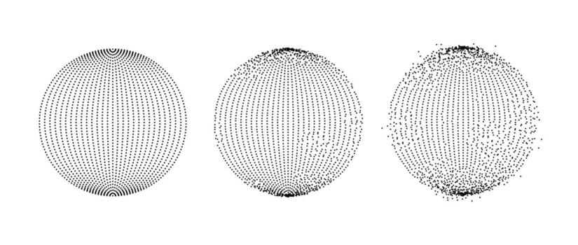 Set of dotted spheres with dissolve effect. Stipple disintegrating circle collection. Halftone textured balls with noise dot work grain. Radial grunge particles. Dot sphere element bundle. vector