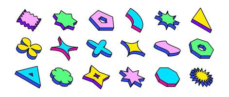 Colorful neon isometric shape set. Bright outlined abstract geometric object collection. Retro brutalist pack in Swiss or Memphis style. Vintage game elements for poster, banner. vector