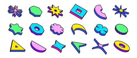Colorful neon isometric shape set. Bright outline abstract geometric object collection. Retro brutalist pack in Swiss or Memphis style. Vintage arcade game elements for poster, cover, banner. vector