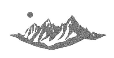Stippled grunge mountain range. Dotted landscape terrain silhouette. Black and white grainy hill chain. Grain noise mount peaks background. Ridge texture wallpaper. Dot work style illustration vector