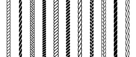 Repeating rope set. Seamless hemp cord line collection. Black chain, braid, plait stripe bundle. Vertical decorative plait pattern. Marine twine design elements for banner, poster, frame, decor vector