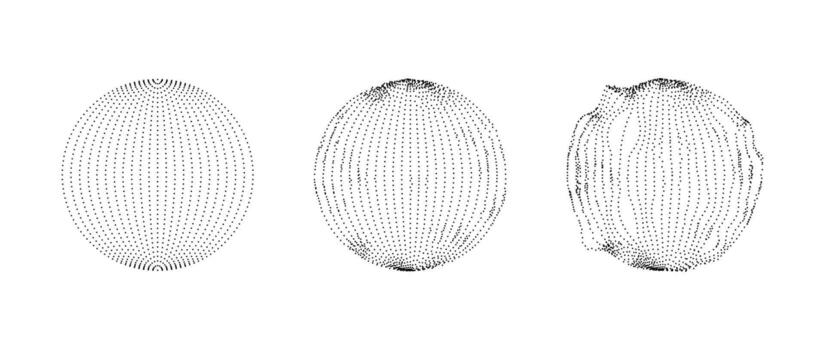 Set of dotted spheres with dissolve effect. Stippled disintegrating circle collection. Halftone textured balls with noise dot work grain. Radial grunge particles. Dot sphere element bundle. vector